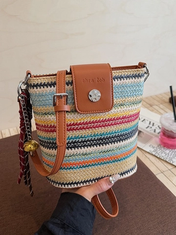 Sac Seau Tissé à Rayures Arc-en-Ciel pour Femmes en Paille Et Cuir PU Patchwork Sac à Bandoulière Décontracté pour Plage D'été