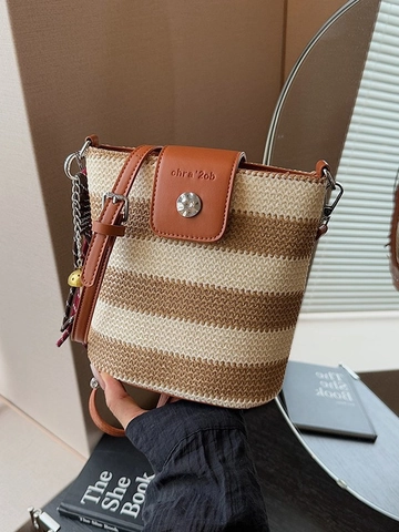 Sac Seau Tissé à Rayures Arc-en-Ciel pour Femmes en Paille Et Cuir PU Patchwork Sac à Bandoulière Décontracté pour Plage D'été