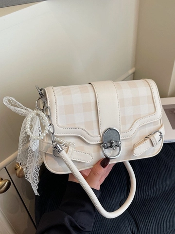 French Retro Gingham PU Leather Shoulder Bag For Women Fashion Underarm Bag With Pearl Lace Ribbon Charm Commuting Crossbody Bag