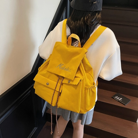Mochila Casual de Gran Capacidad para Mujer Bolso de Viaje de Lona Nailon Color Sólido Con Bordado de Letras Cordón Multi Bolsillo