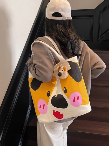 Sac Fourre-Tout en Toile Imprimé Chien de Dessin Animé pour Femmes Grande Capacité Sac à Épaule Décontracté Avec Pendentif Peluche