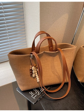 Large Capacity Canvas Tote Bag For Women Vintage Casual Shoulder Bag With Bead Pendant Daily Shopping Handbag All Match