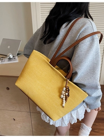 Large Capacity Canvas Tote Bag For Women Vintage Casual Shoulder Bag With Bead Pendant Daily Shopping Handbag All Match