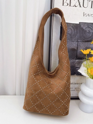 Sac Fourre-Tout pour Femme en PU Texture Suède Vintage Grande Capacité Rivet Motif Losange Sac à Épaule Hobo Bureau Quotidien