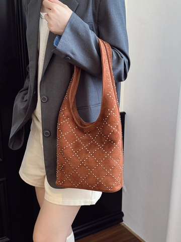 Sac Fourre-Tout pour Femme en PU Texture Suède Vintage Grande Capacité Rivet Motif Losange Sac à Épaule Hobo Bureau Quotidien
