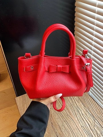 Chic Women Lychee PU Bucket Bag Bowknot Decor Handbag Small Top Handle Crossbody Shoulder Bag For Daily Commute Office