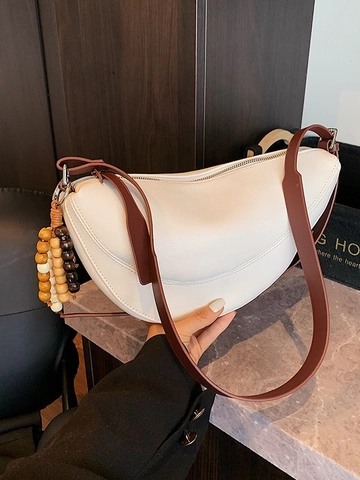 Borsa a Tracolla da Donna in Pelle PU a Mezzaluna Elegante Borsa a Tracolla Pieghettata con Ciondolo a Nappa di Perline