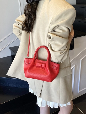 Chic Women Lychee PU Bucket Bag Bowknot Decor Handbag Small Top Handle Crossbody Shoulder Bag For Daily Commute Office