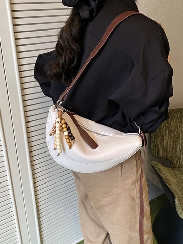 Borsa a Tracolla da Donna in Pelle PU a Mezzaluna Elegante Borsa a Tracolla Pieghettata con Ciondolo a Nappa di Perline