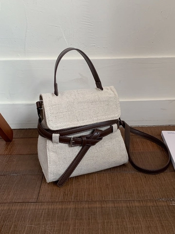 Fashion Women Canvas Shoulder Bag Contrast Leather Trim Retro Small Square Bag With Belt Buckle Commuter Handbag Crossbody Bag
