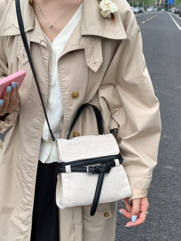 Fashion Women Canvas Shoulder Bag Contrast Leather Trim Retro Small Square Bag With Belt Buckle Commuter Handbag Crossbody Bag