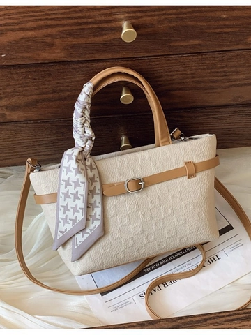 Fashion PU Leather Bucket Bag For Women Embossed Texture Crossbody Bag With Scarf Decoration Trendy Handbag Shoulder Bag