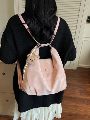 Women Large Capacity PU Leather Shoulder Bag Fashion Korean Style Two-Way Backpack Pleated Hobo Tote Bag With Plush Bear Pendant