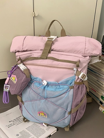 Lightweight Color Block Outdoor Backpack For Women Waterproof Nylon Roll Top Hiking Travel School Bag With Small Pouch