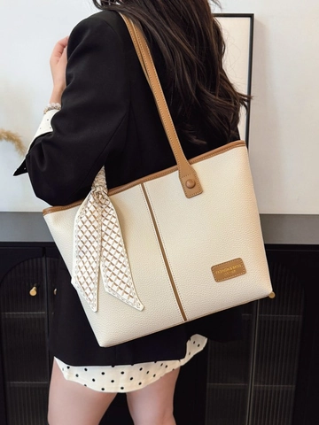 Vintage PU Leather Large Capacity Tote Bag For Women Minimalist Commuting Shoulder Bag With Decorative Scarf Fashion Handbag