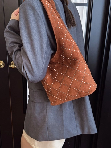 Vintage Matte PU Leather Rivet Diamond Lattice Shoulder Bag Large Capacity Hobo Bucket Bag Fashion Women Commuter Bag