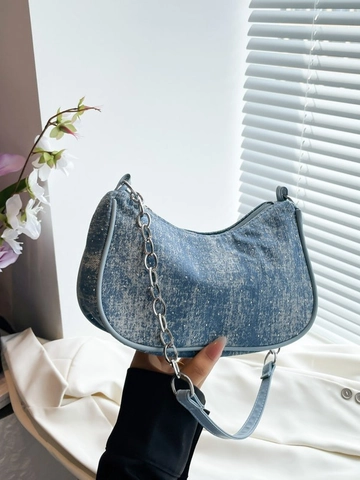 Borsa Sottobraccio in Denim da Donna Catena in Metallo Fiocco Mezzaluna Borsa Hobo Vintage PU Tessuto Borsa a Tracolla Moda Streetwear