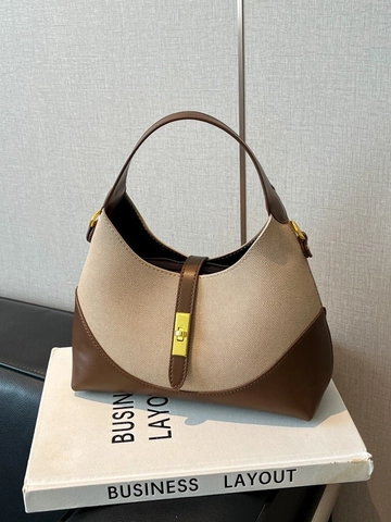 Bolso de Hombro de Cuero PU de Empalme para Mujer Vintage Color de Contraste Bolso Hobo Hebilla de Bloqueo de Metal Bolso de Mano