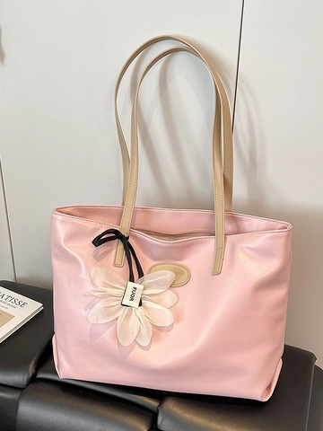 Sac Cabas en Cuir PU de Grande Capacité pour Femmes Simple Sac à Bandoulière pour Navette Avec Pendentif Fleur de Marguerite