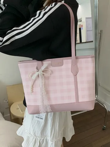 Women Large Capacity Checkerboard Tote Bag PU Leather Shoulder Bag With Lace Bow And Artificial Pearl Korean Fashion Bag