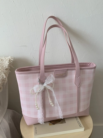 Women Large Capacity Checkerboard Tote Bag PU Leather Shoulder Bag With Lace Bow And Artificial Pearl Korean Fashion Bag