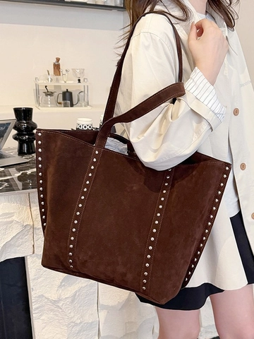 Large Capacity Suede Tote Bag For Women Vintage Studded Shoulder Bag Rivet Decor Fashion Handbag Casual Messenger Bag
