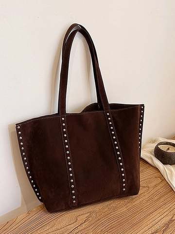 Large Capacity Suede Tote Bag For Women Vintage Studded Shoulder Bag Rivet Decor Fashion Handbag Casual Messenger Bag