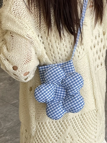 Sac Bandoulière Forme de Fleur Vichy pour Femmes Rembourré en Toile Sac à Épaule Floral Décontracté Petit Sac pour Téléphone Portable