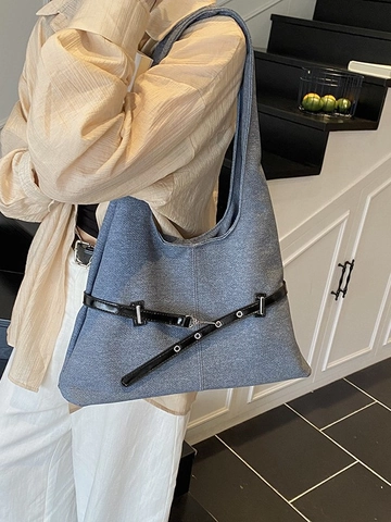 Borsa a Spalla Donna Grande Capacità in Pelle PU e Denim Vintage Hobo Tote Bag Con Cinturino a Fibbia Casual