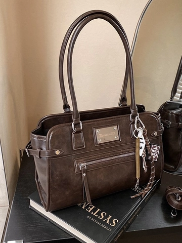 Vintage Large Capacity PU Leather Tote Bag For Women Retro Handbag With Creative Charm Office Commute Shoulder Crossbody Bag