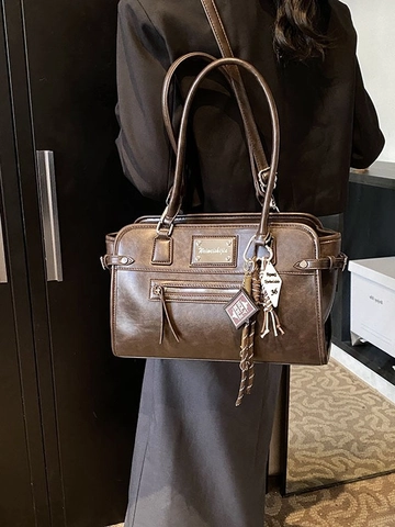 Vintage Large Capacity PU Leather Tote Bag For Women Retro Handbag With Creative Charm Office Commute Shoulder Crossbody Bag