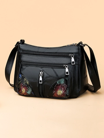 Women Vintage PU Leather Shoulder Bag Floral Embroidery Large Capacity Crossbody Bag For Mom Fashion Casual Handbag Black