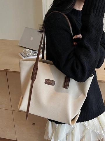 Bolso Tote de Gran Capacidad para Mujer Color de Contraste Bolso de Hombro de Cuero PU Bolso de Axila Casual para Compras