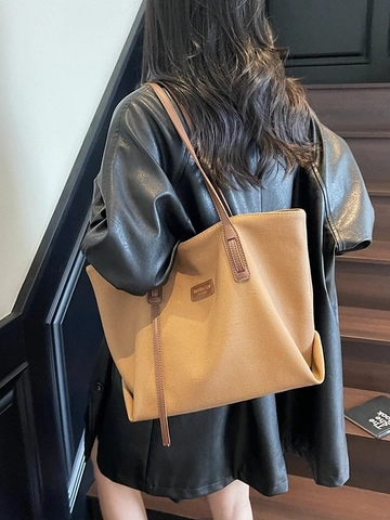 Bolso Tote de Gran Capacidad para Mujer Color de Contraste Bolso de Hombro de Cuero PU Bolso de Axila Casual para Compras