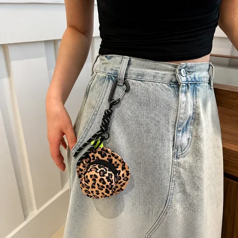 Mini Hat Shaped Coin Purse Oxford Cloth Leopard Print Bag Pendant Carabiner Portable Earphone Pouch For Women Daily Decor