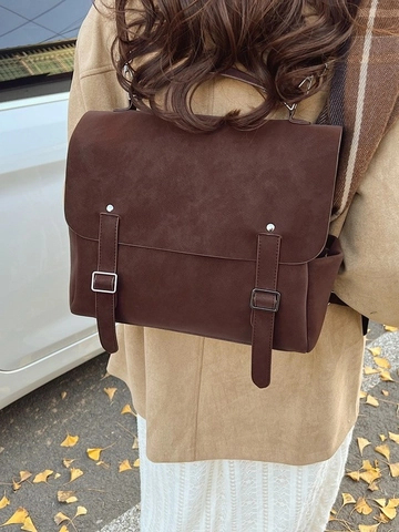 Vintage PU Leather Backpack For Women Large Capacity Double Buckle Flap Backpack School Office Commuting Fashion Bag