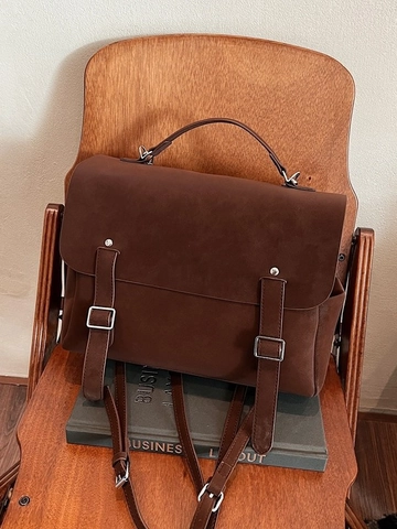 Vintage PU Leather Backpack For Women Large Capacity Double Buckle Flap Backpack School Office Commuting Fashion Bag