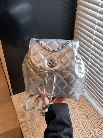 Fashion Women Quilted Mini Backpack PU Leather Chain Strap Shoulder Bag Small Rucksack With Lock Closure For Daily Travel