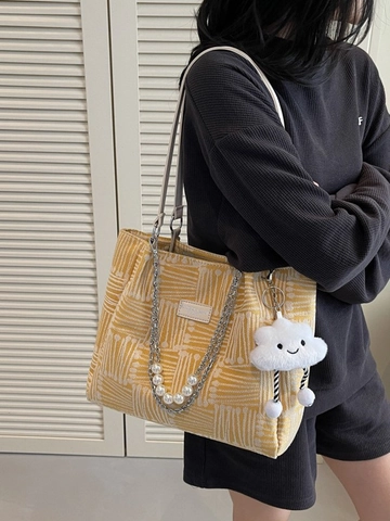 Women Vintage Jacquard Canvas Tote Bag With Artificial Pearl Chain And Cloud Charm Large Capacity Casual Shoulder Bag