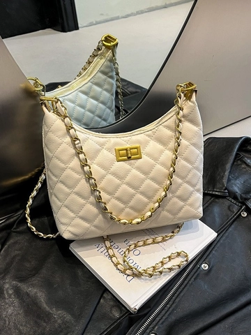 Damen Gesteppte Diamant PU Leder Achseltasche Schultertasche Mode Metallkette Hobo Umhängetasche Mit Drehverschluss Elegante Tasche