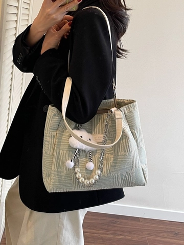 Women Vintage Jacquard Canvas Tote Bag With Artificial Pearl Chain And Cloud Charm Large Capacity Casual Shoulder Bag