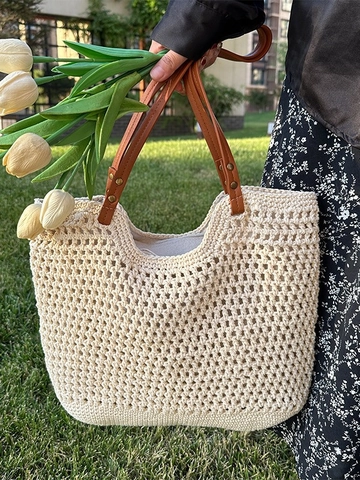 Women Woven Tote Bag Large Capacity Handmade Crochet Hollow Mesh Shoulder Bag Casual Summer Beach Bag With Faux Leather Handle