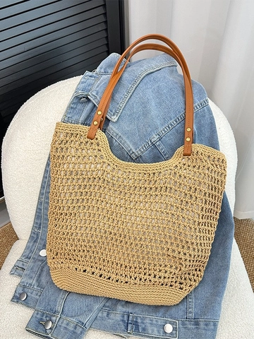 Women Woven Tote Bag Large Capacity Handmade Crochet Hollow Mesh Shoulder Bag Casual Summer Beach Bag With Faux Leather Handle