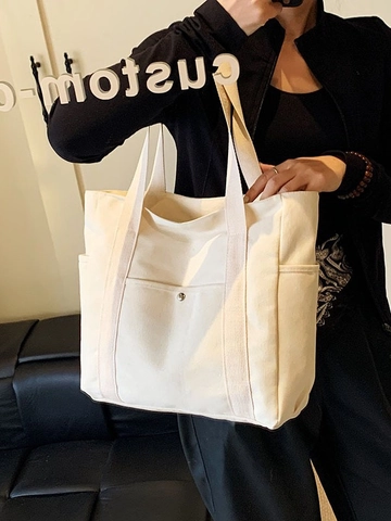 Minimalist Large Capacity Canvas Tote Bag For Women Casual Commuting Shoulder Bag With Pockets Zipper Durable Shopping Bag