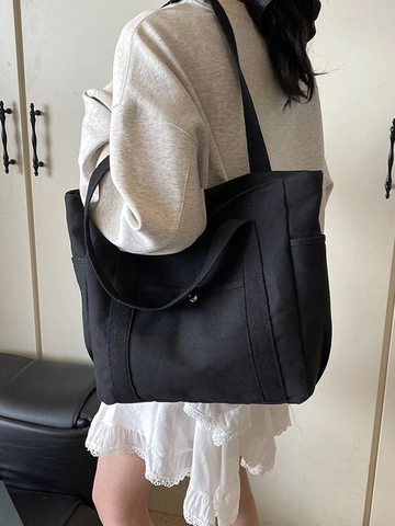 Minimalist Large Capacity Canvas Tote Bag For Women Casual Commuting Shoulder Bag With Pockets Zipper Durable Shopping Bag