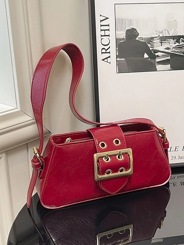 Vintage PU Leather Underarm Bag For Women French Niche Shoulder Bag With Gold Metal Buckle Solid Color Crossbody Handbag