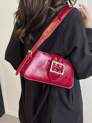 Vintage PU Leather Underarm Bag For Women French Niche Shoulder Bag With Gold Metal Buckle Solid Color Crossbody Handbag