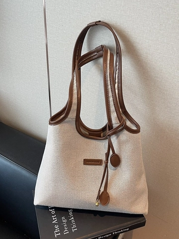 Minimalist Canvas PU Leather Tote Bag For Women Large Capacity Shoulder Bag Casual Commuter Contrast Color Handbag