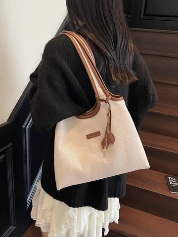 Minimalist Canvas PU Leather Tote Bag For Women Large Capacity Shoulder Bag Casual Commuter Contrast Color Handbag
