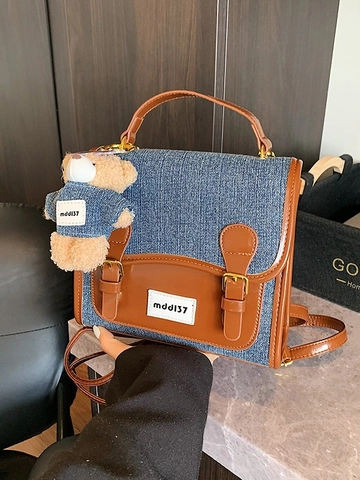 Sac à Dos Vintage en Denim Patchwork pour Femmes Sac d'École Retro pour Étudiants Avec Charme d'Ours en Peluche Main